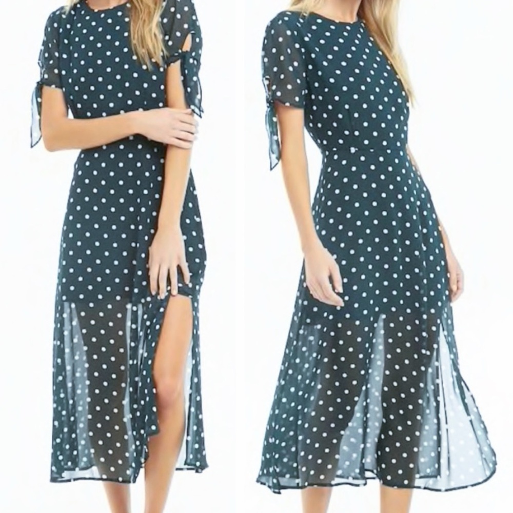 Retro Peacock Green Polka Dot Tie Flutter Sleeve Sheer LegSlit Midi Dress